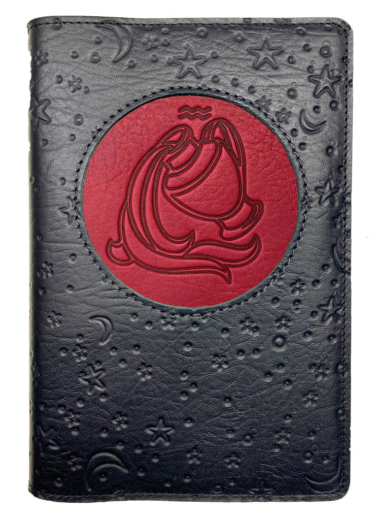 Refillable Leather Journal, Zodiac Icon, Aquarius, Red &amp; Black, Moon &amp; Stars