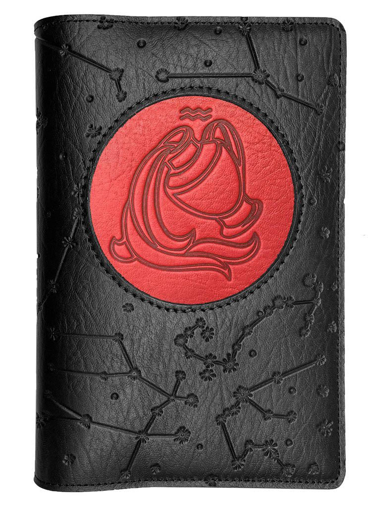 Refillable Leather Journal, Zodiac Icon, Refillable Leather Journal, Zodiac Icon, Aquarius, Red &amp; Black, Constellations