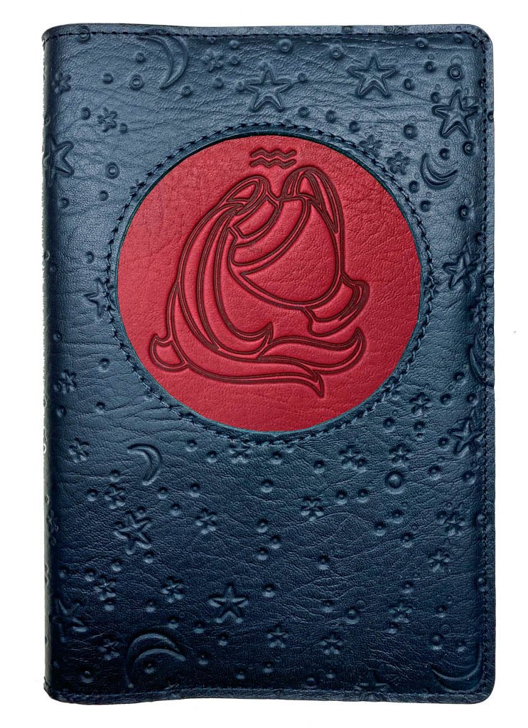 Refillable Leather Journal, Zodiac Icon, Aquarius, Red &amp; Navy, Moon &amp; Stars
