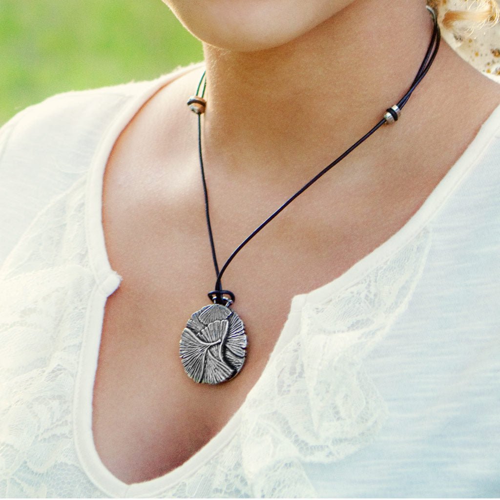 Oberon Design Ginkgo Leaf Jewelry Set, Necklace. Model