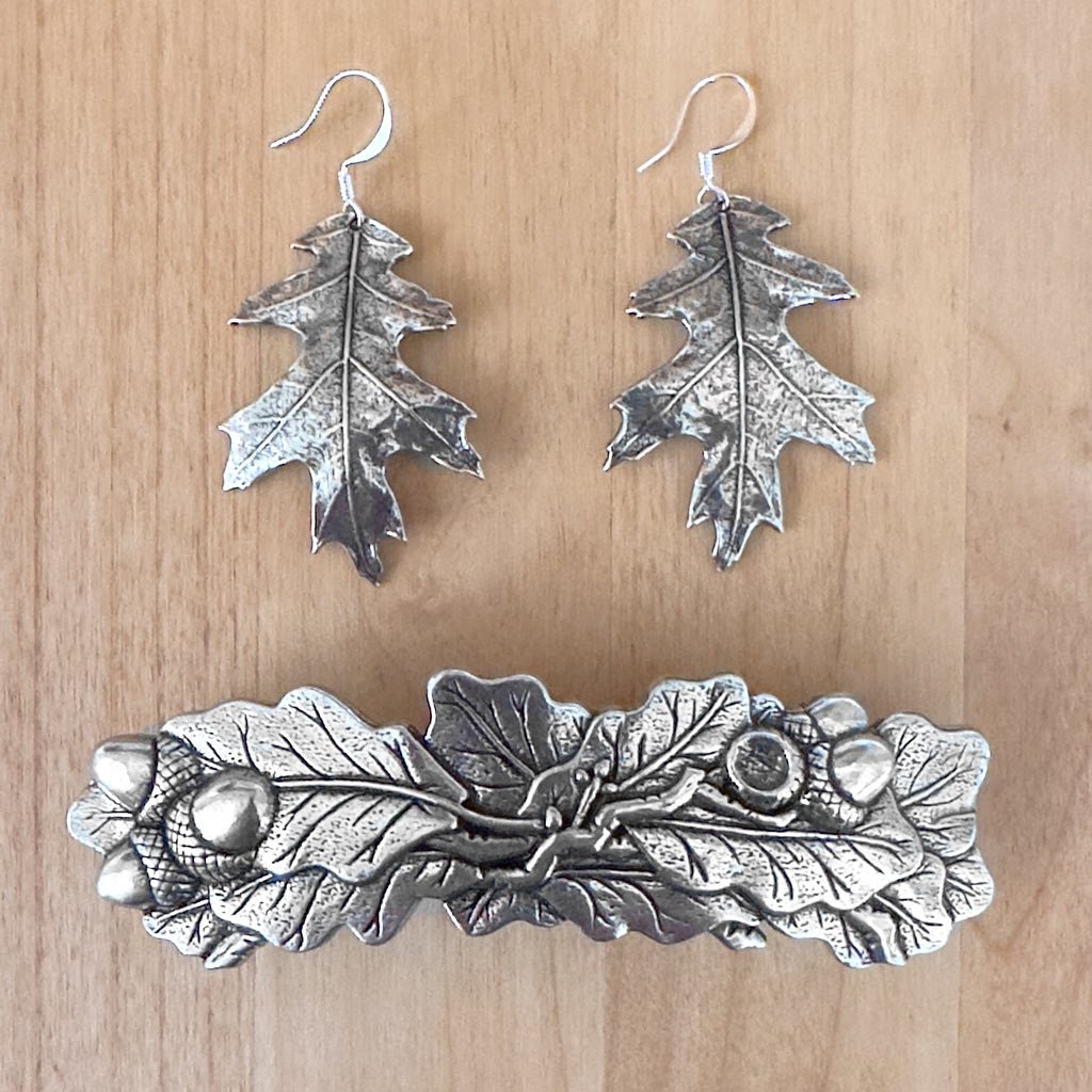 Oberon Design Oak Leaf Jewelry Set, Hand Cast. Earrings and Hair Clip