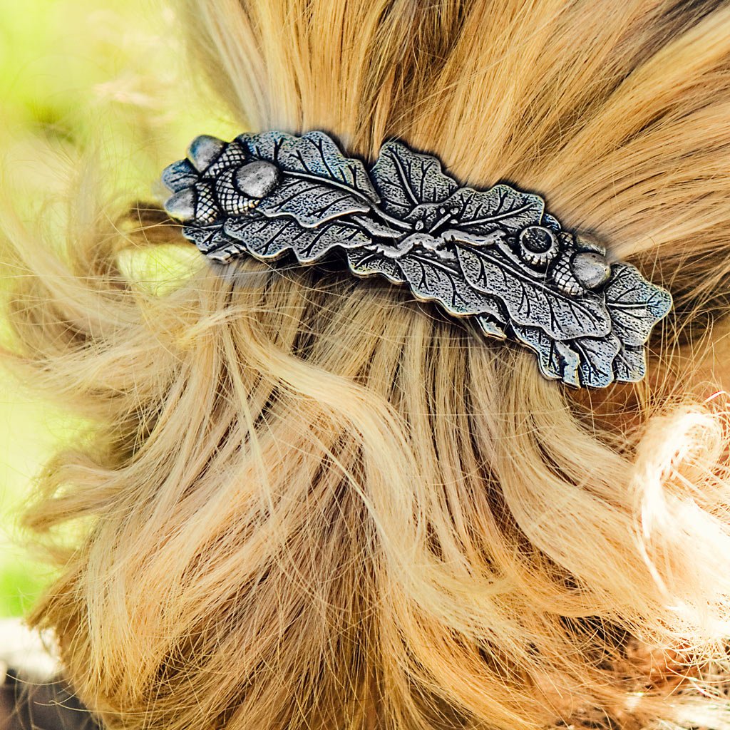 Oberon Design Oak Leaf Jewelry Set, Hand Cast. Hair Clip, Model