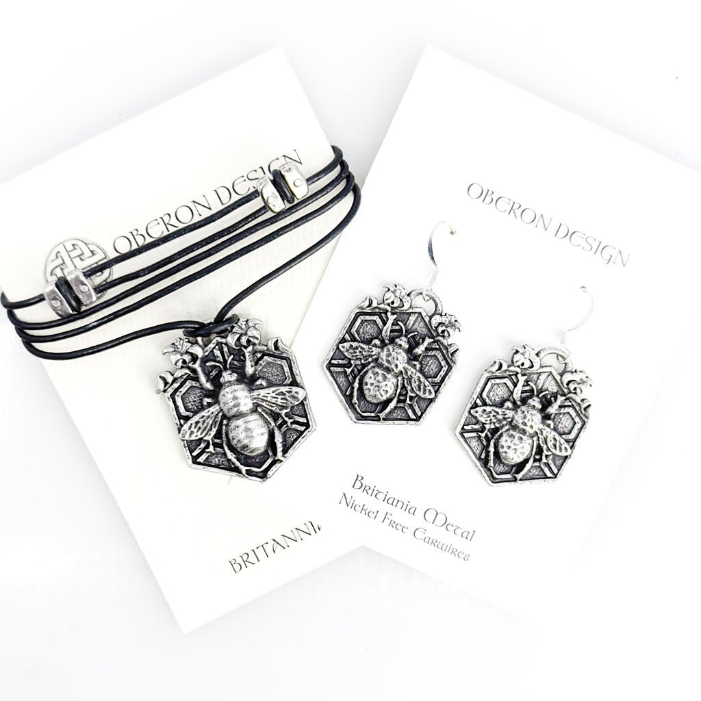 Oberon Design Hand-Cast Jewelry Set, Bee Garden Necklace &amp; Earrings, Cards