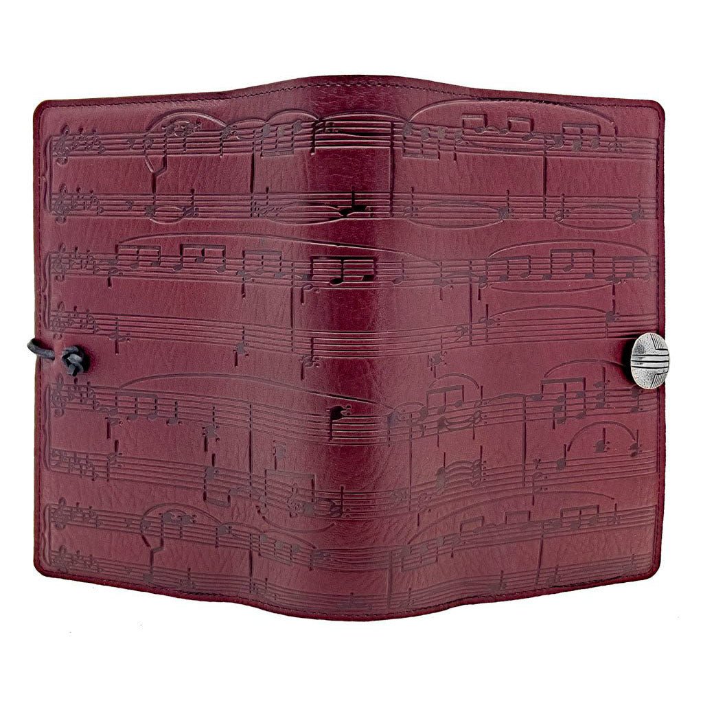 Oberon Design Large Refillable Leather Notebook Cover, Sheet Music, Wine - Open