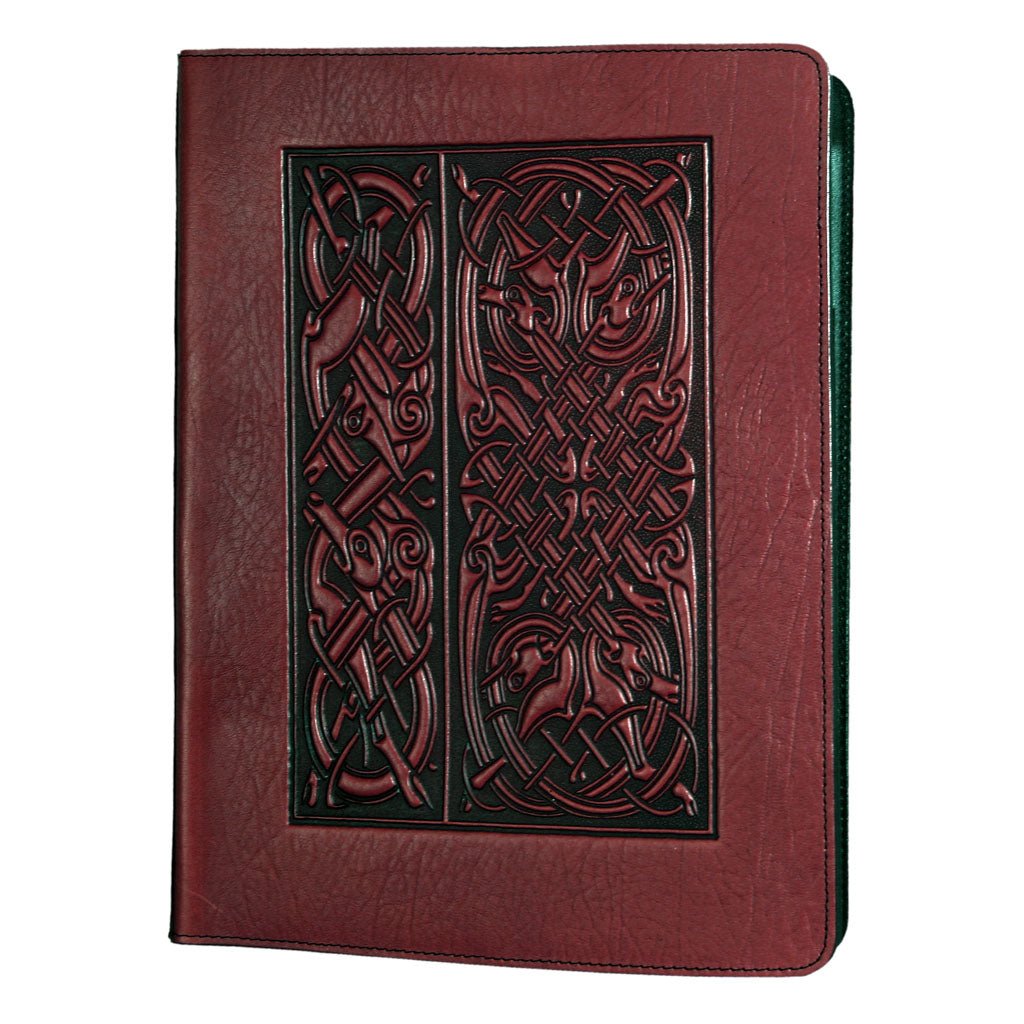 Oberon Design Large Leather Notebook Portfolio, Celtic Hounds, Wine