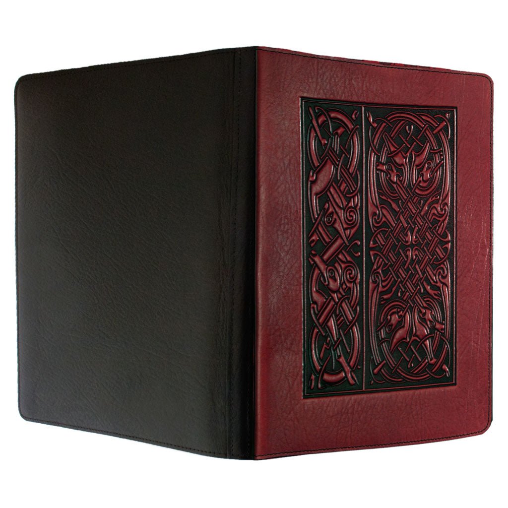 Oberon Design Large Leather Notebook Portfolio, Celtic Hounds, Wine, Open