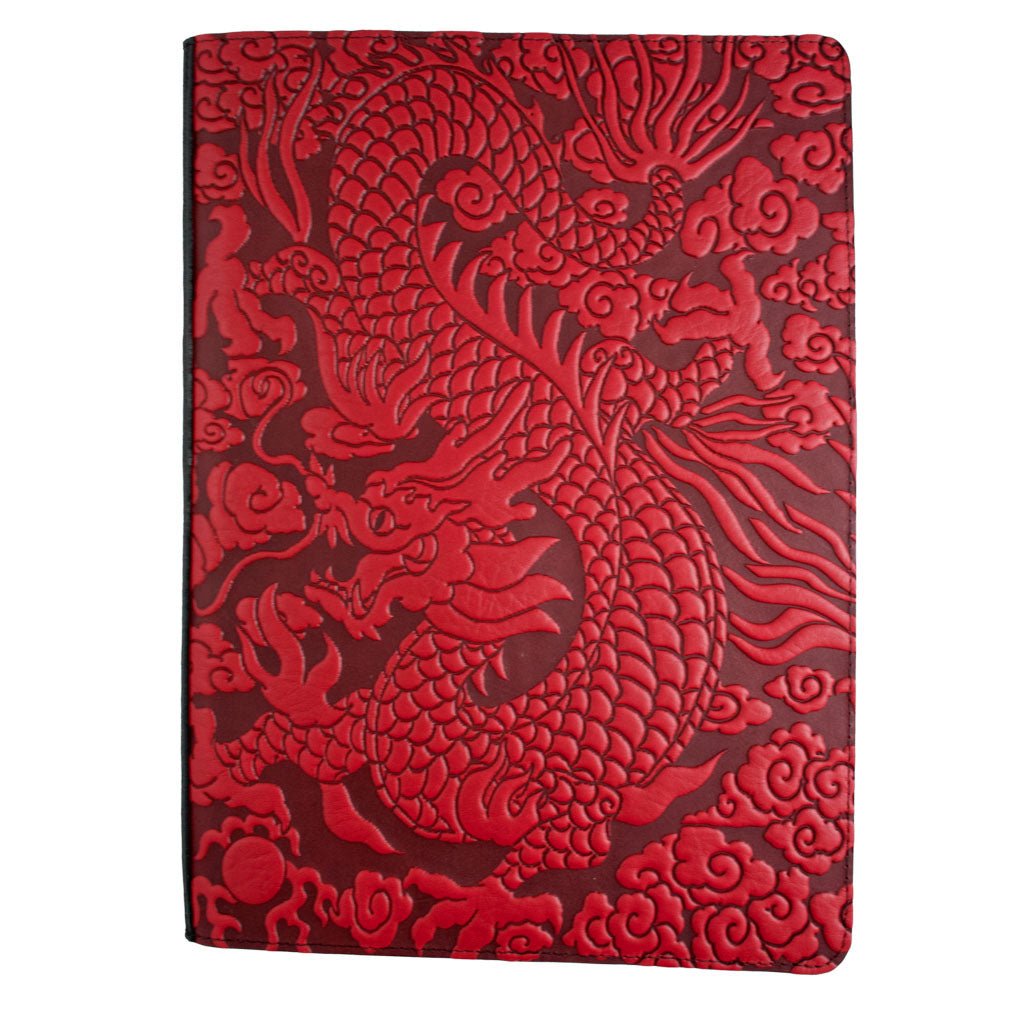 Oberon Design Large Leather Notebook Portfolio, Cloud Dragon, Red