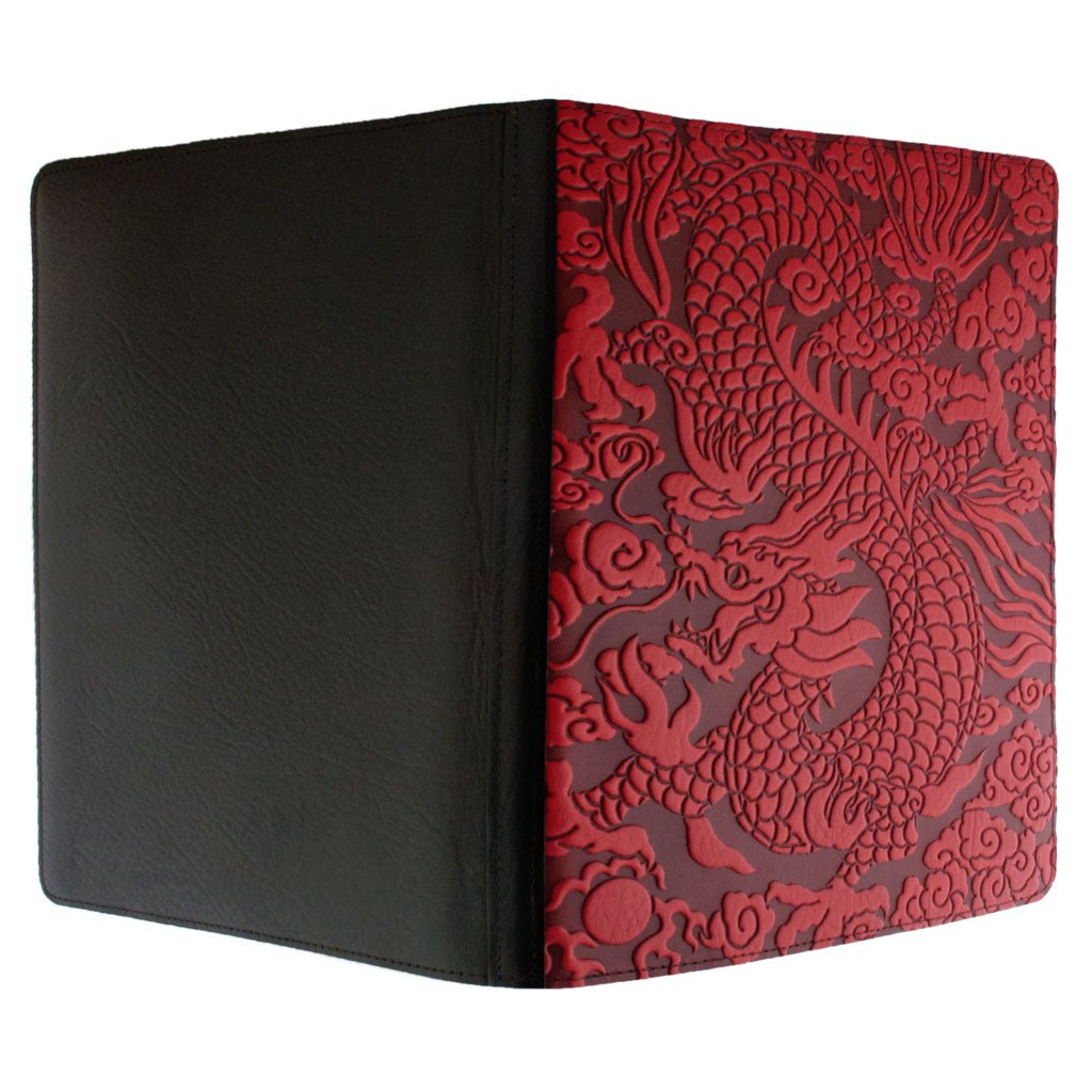 Oberon Design Large Leather Notebook Portfolio, Cloud Dragon, Red, Open