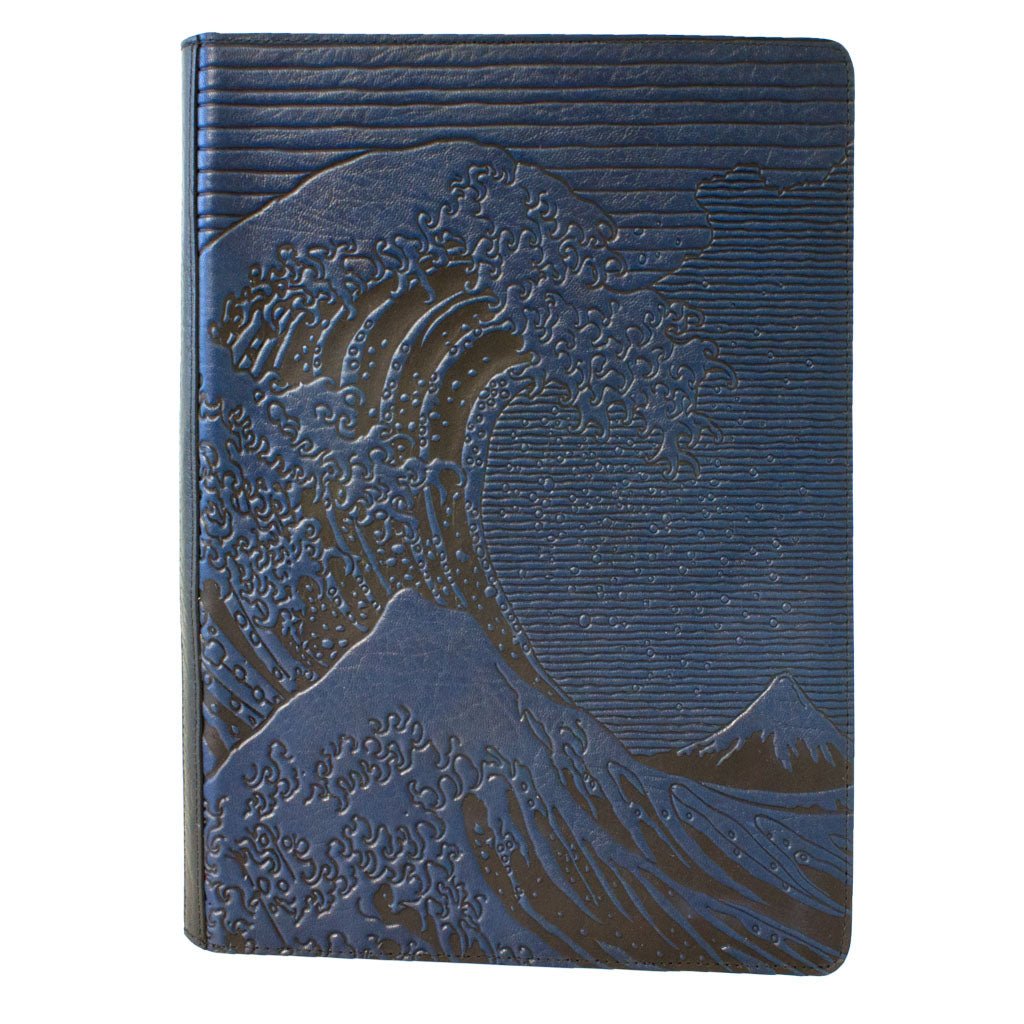 Overon Design Large Leather Portfolio Notebook, Hokusai Wave, Navy
