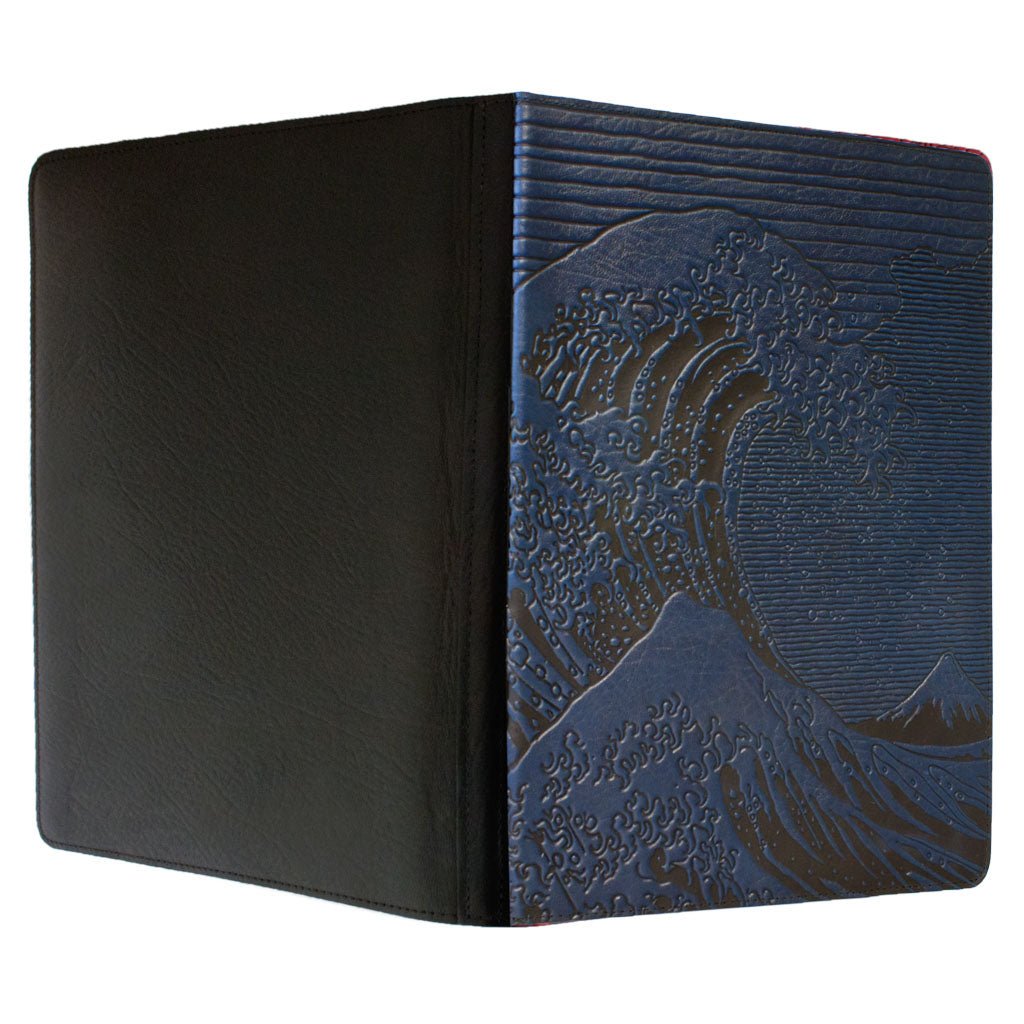 Overon Design Large Leather Portfolio Notebook, Hokusai Wave, Navy, OPen