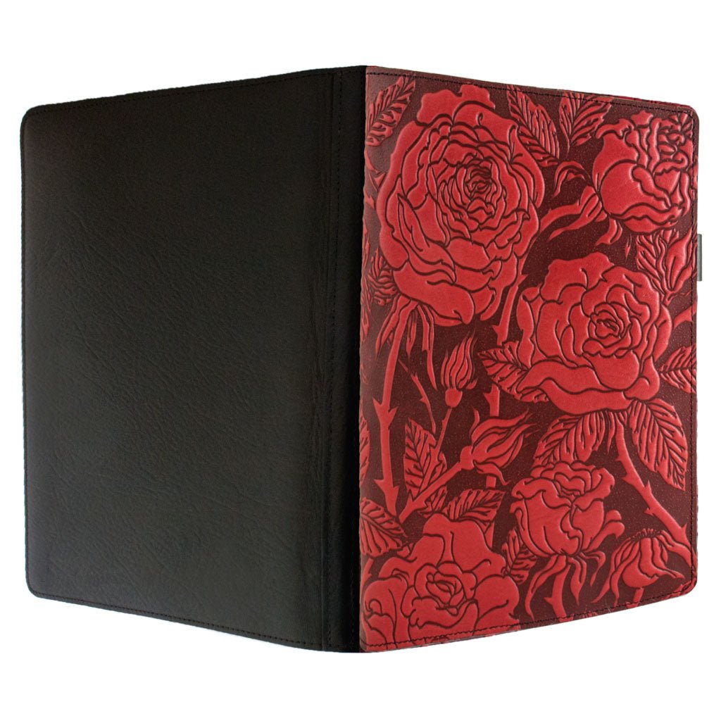 Oberon Design Large Leather Notebook Portfolio, Wild Rose, Red - Open