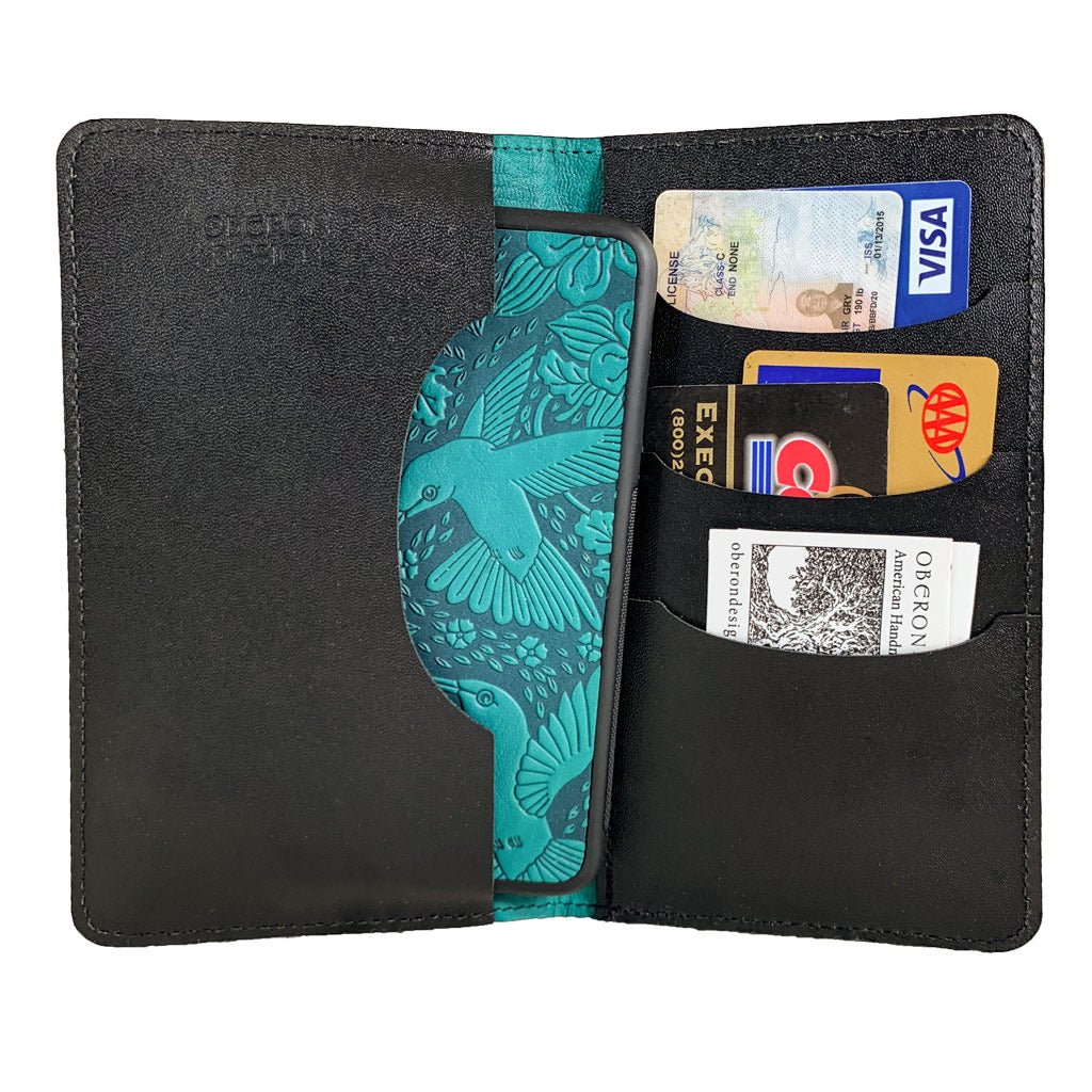 Oberon Design Large Leather Smartphone Wallet, Hummingbirds, Teal Interior with Phone &amp; Cards