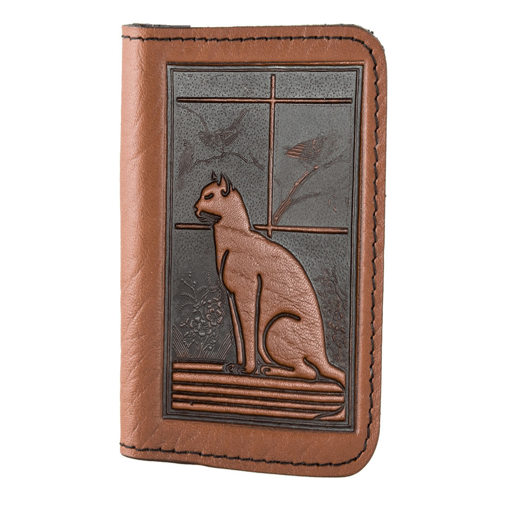 Leather Business Card Holder, Mini Wallet, Cat in Window, Orchid