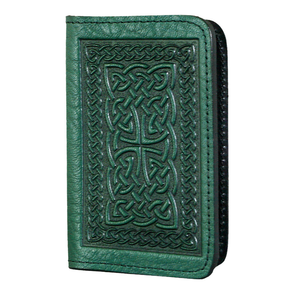 Oberon Leather Business Card Holder, Mini Wallet, Celtic Braid, Green