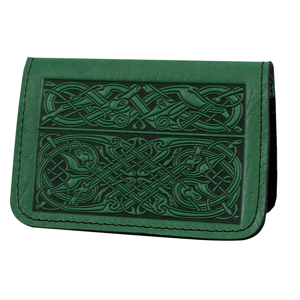 Oberon Leather Business Card Holder, Mini Wallet, Celtic Hounds, Green