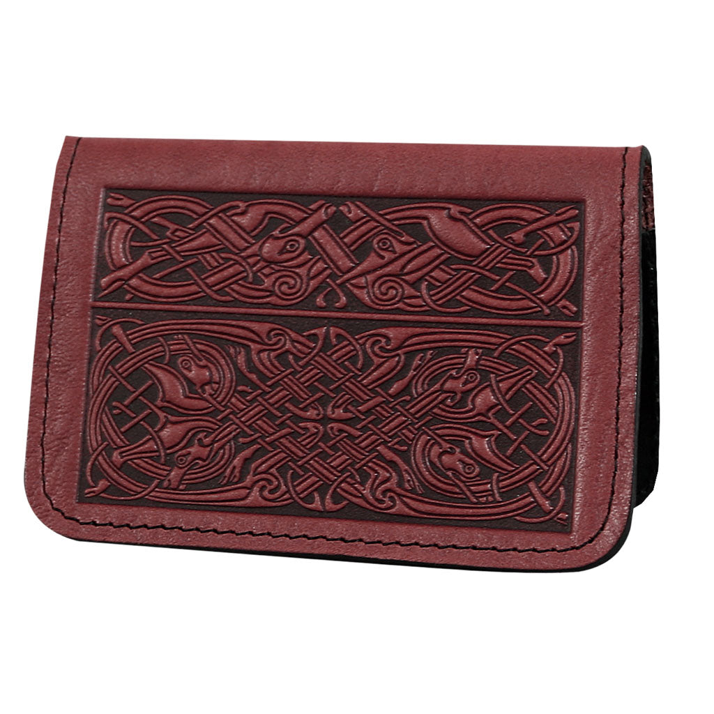 Oberon Leather Business Card Holder, Mini Wallet, Celtic Hounds, Green