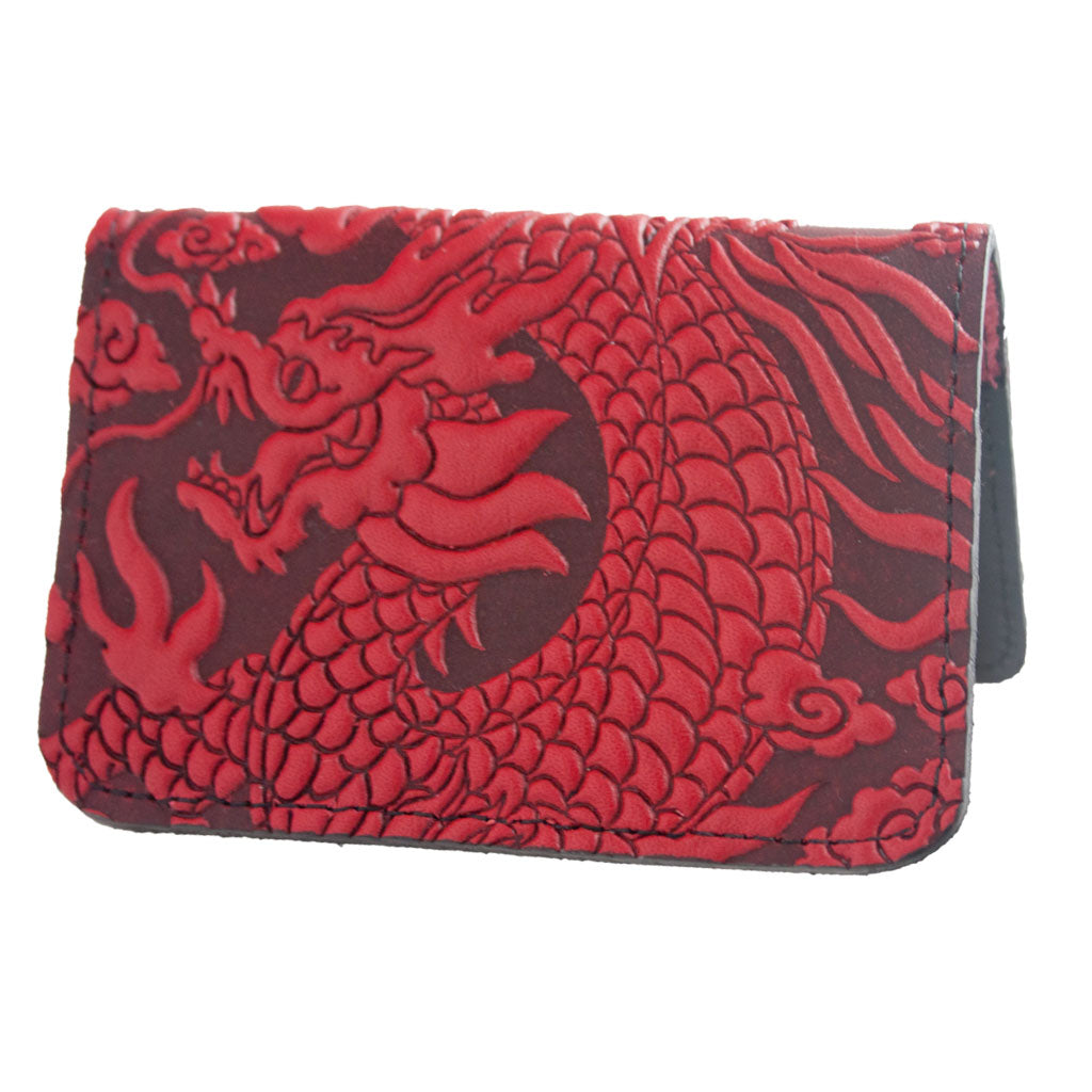 Oberon Leather Business Card Holder, Mini Wallet, Cloud Dragon, Red