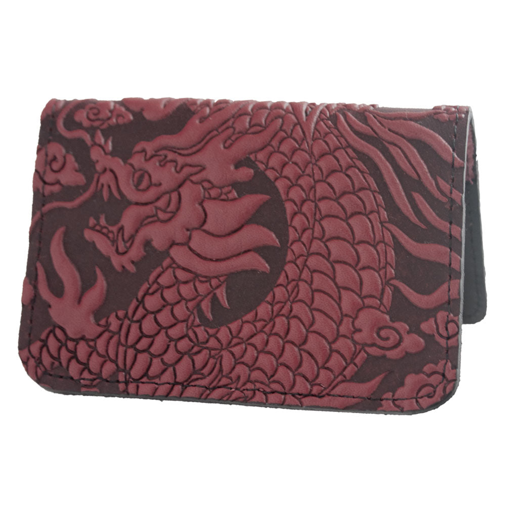 Oberon Leather Business Card Holder, Mini Wallet, Cloud Dragon, Red