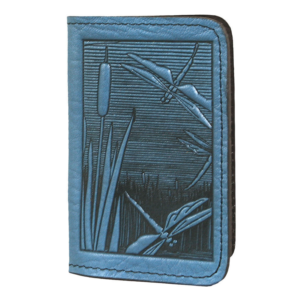 Oberon Leather Business Card Holder, Mini Wallet, Dragonfly Pond, Blue