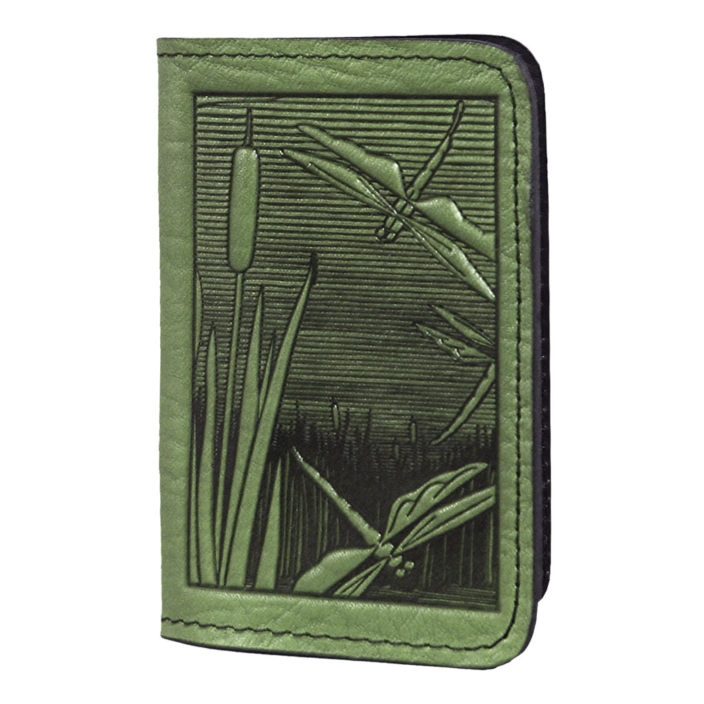Oberon Leather Business Card Holder, Mini Wallet, Dragonfly Pond, Fern