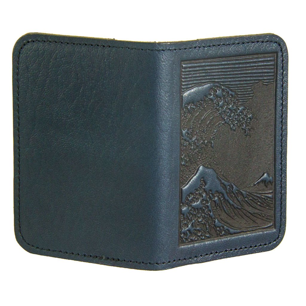 Oberon Design Leather Business Card Holder, Mini Wallet, Hokusai Wave, Navy - Open