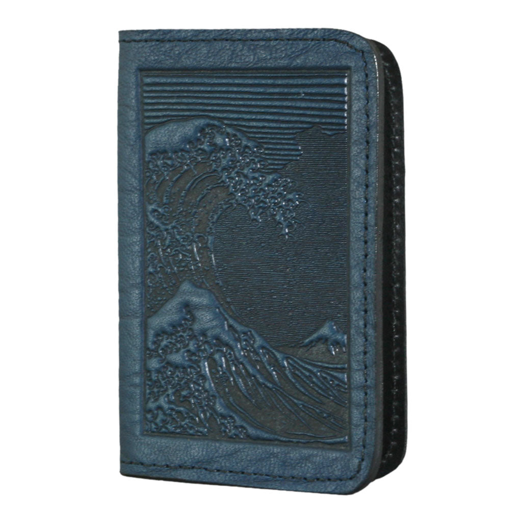 Oberon Design Leather Business Card Holder, Mini Wallet, Hokusai Wave, Navy