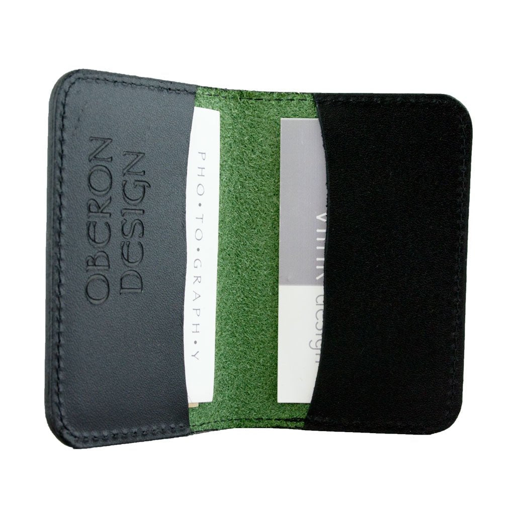 Oberon Leather Business Card Holder, Mini Wallet, Green Interior