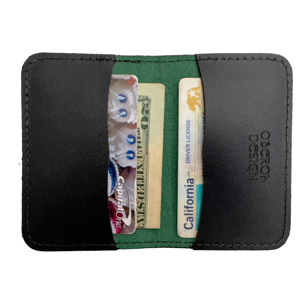 Oberon Leather Business Card Holder, Mini Wallet, Green Interior