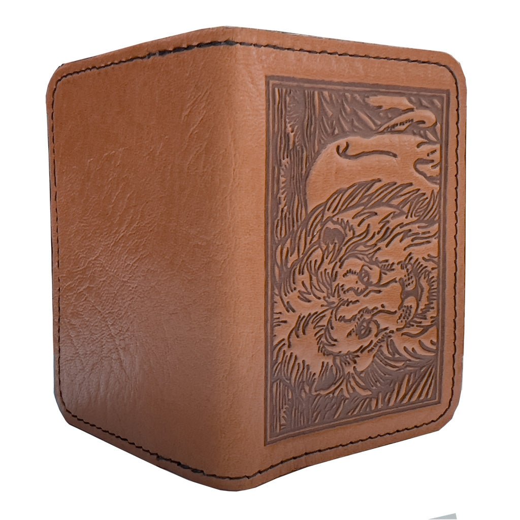 Oberon Design Leather Business Card Holder, Mini Wallet, Lion, Saddle, Open