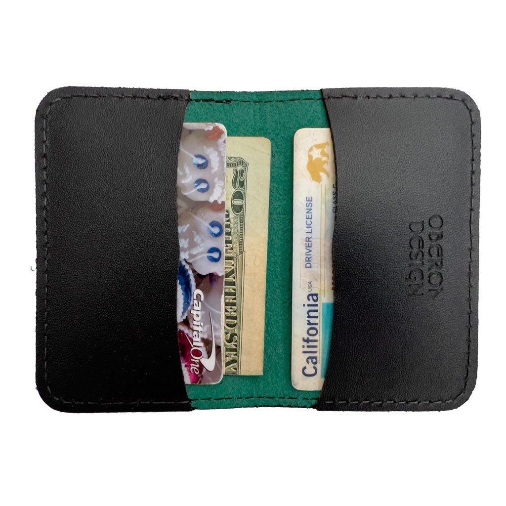 Leather Business Card Holder, Mini Wallet, Green Interior