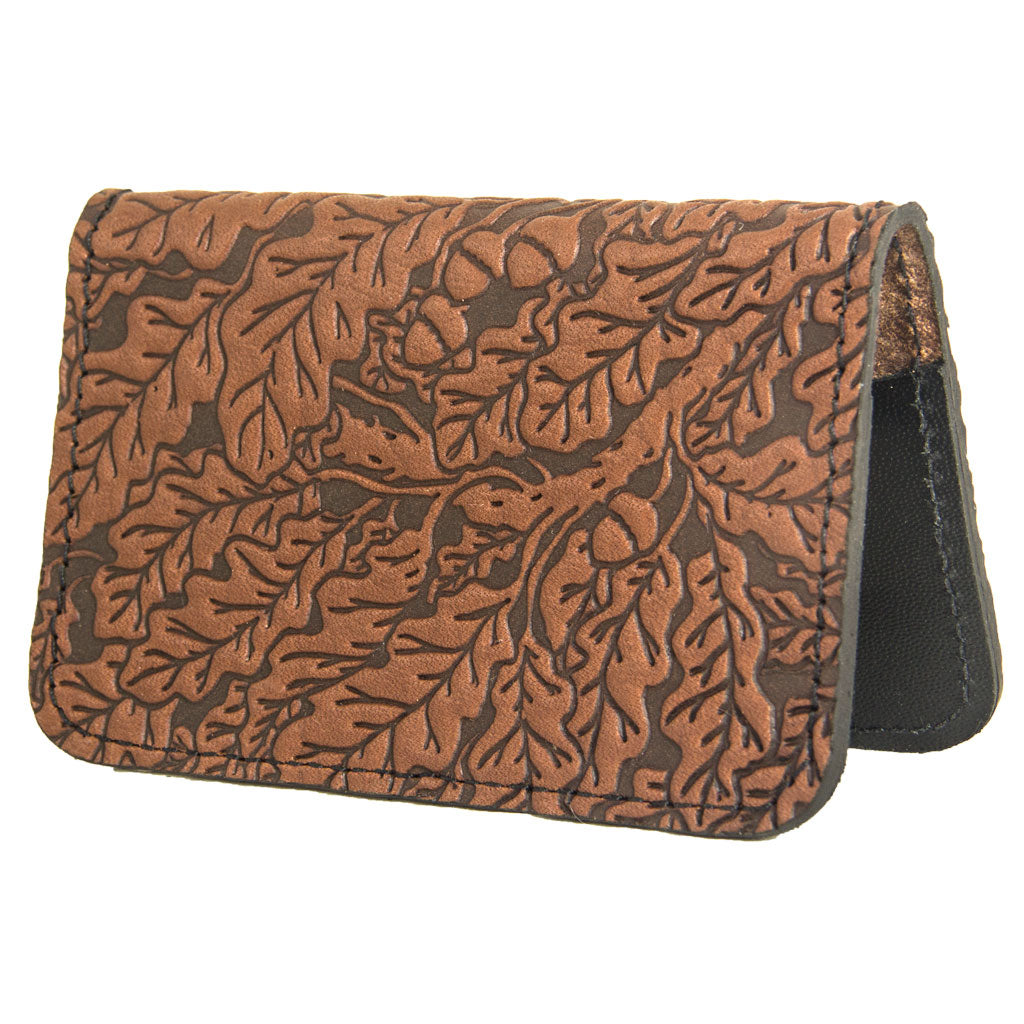 Oberon Design Leather Business Card Holder, Mini Wallet, Oak Leaves, Saddle