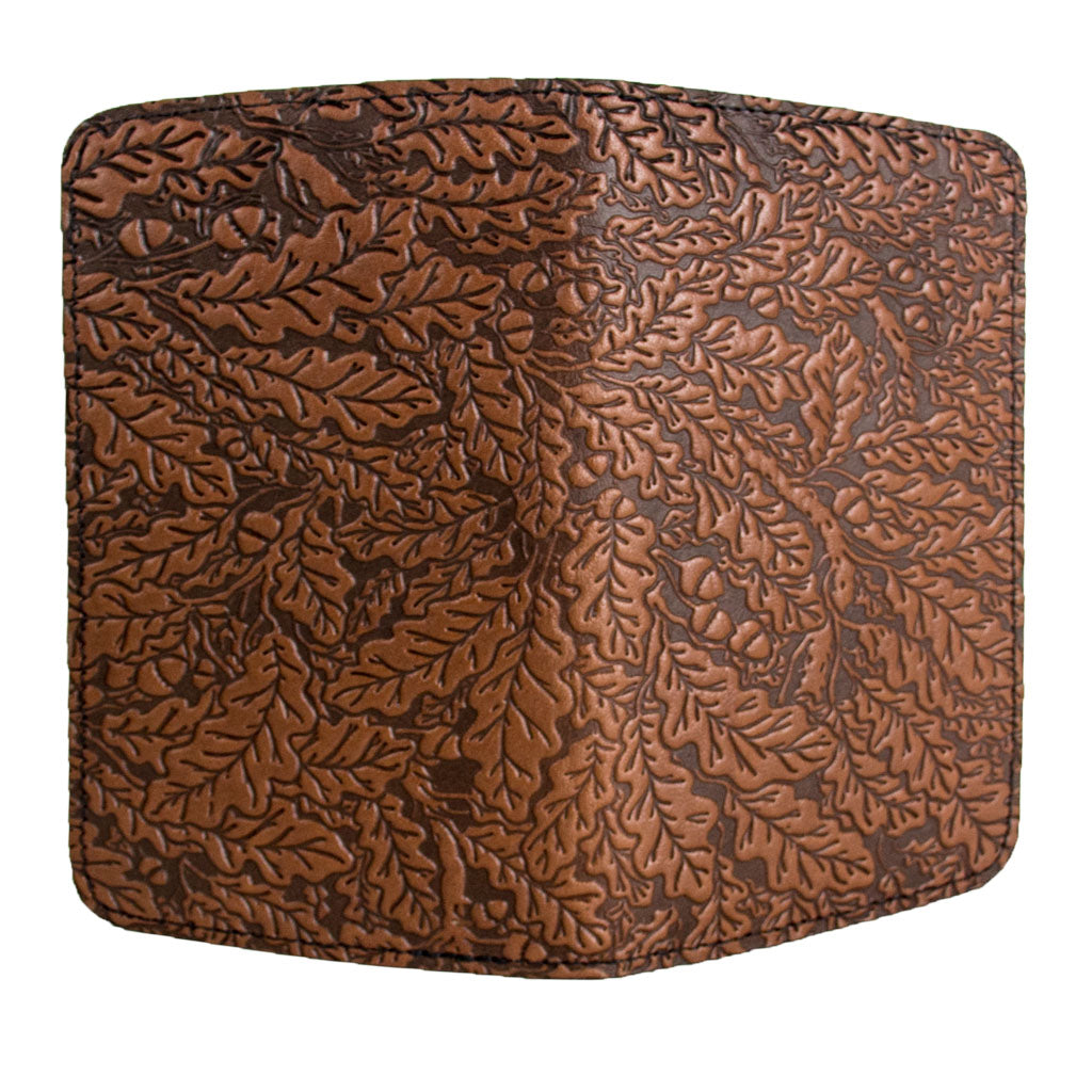 Oberon Design Leather Business Card Holder, Mini Wallet, Oak Leaves, Saddle - Open