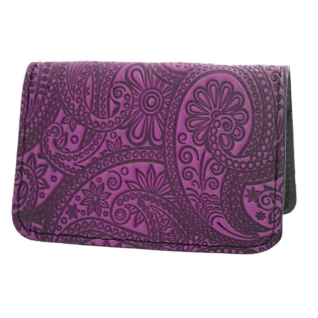 Oberon Design Leather Business Card Holder, Mini Wallet, Paisley, Orchid
