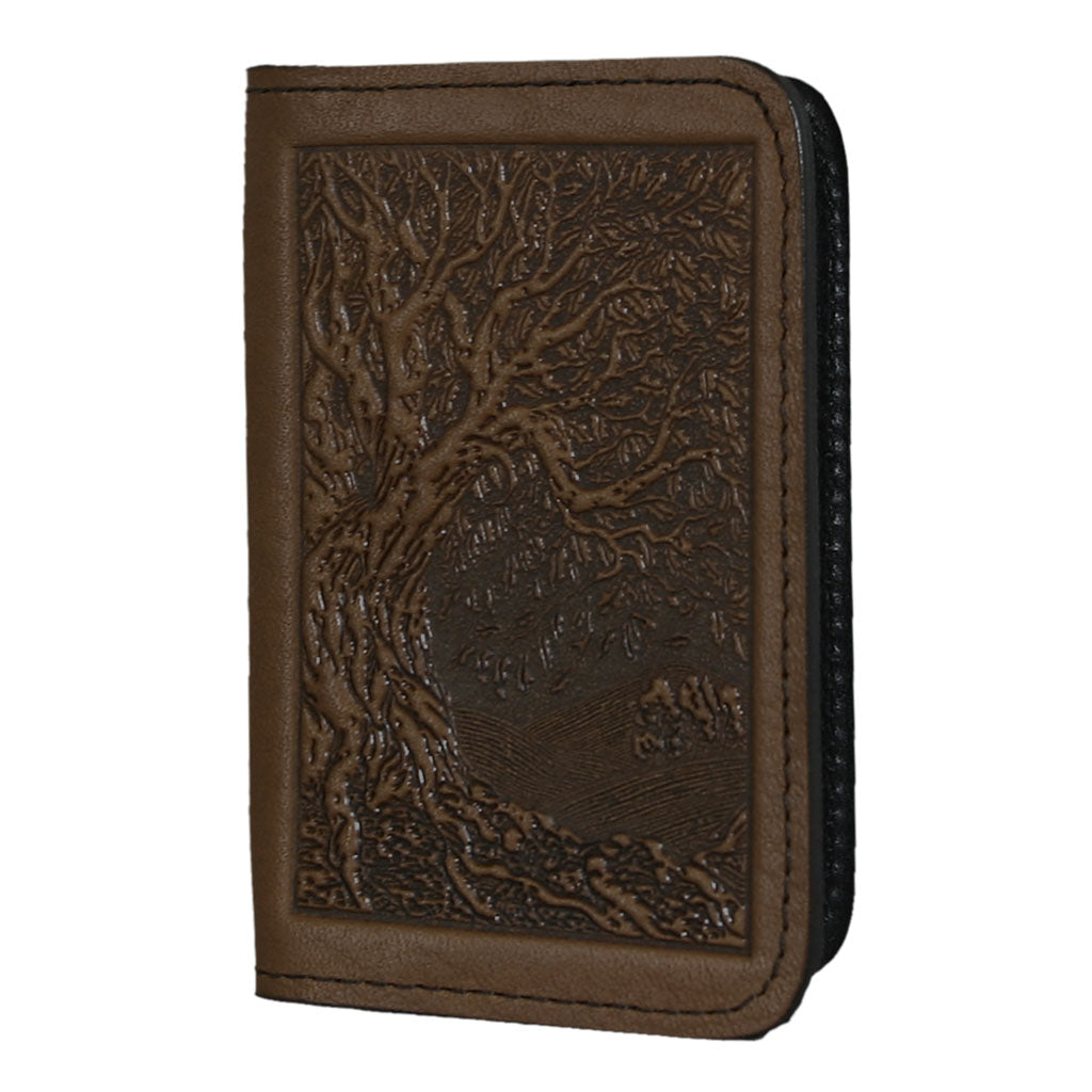 Oberon Design Leather Business Card Holder, Mini Wallet, Tree of Life, Saddle