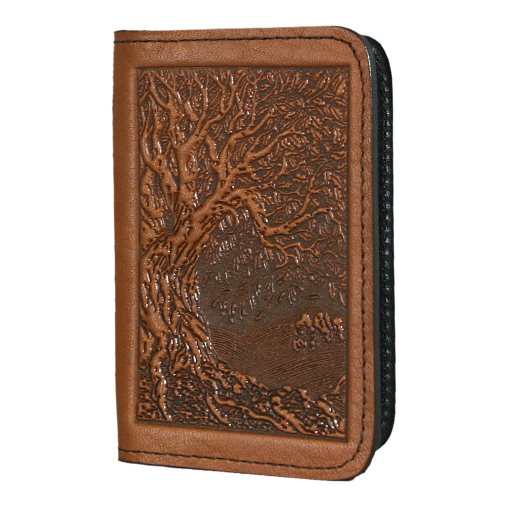 Oberon Design Leather Business Card Holder, Mini Wallet, Tree of Life, Saddle