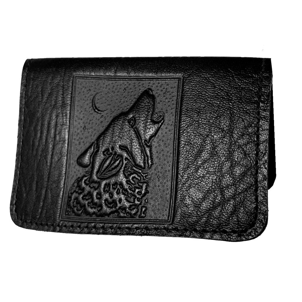 Oberon Design Leather Business Card Holder, Mini Wallet, Singing Wolf, Black