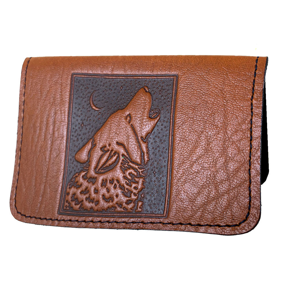 Oberon Design Leather Business Card Holder, Mini Wallet, Singing Wolf, Saddle