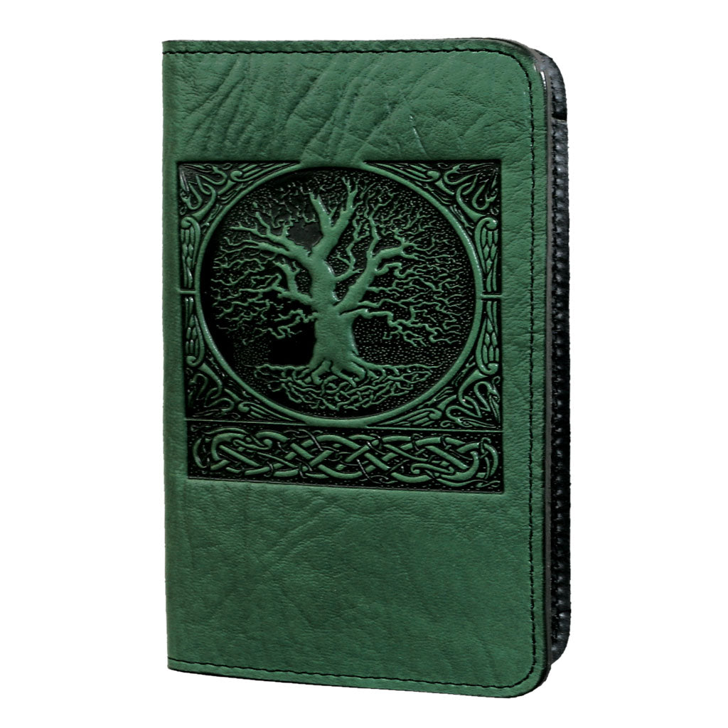 Oberon Design Leather Business Card Holder, Mini Wallet, World Tree, Green