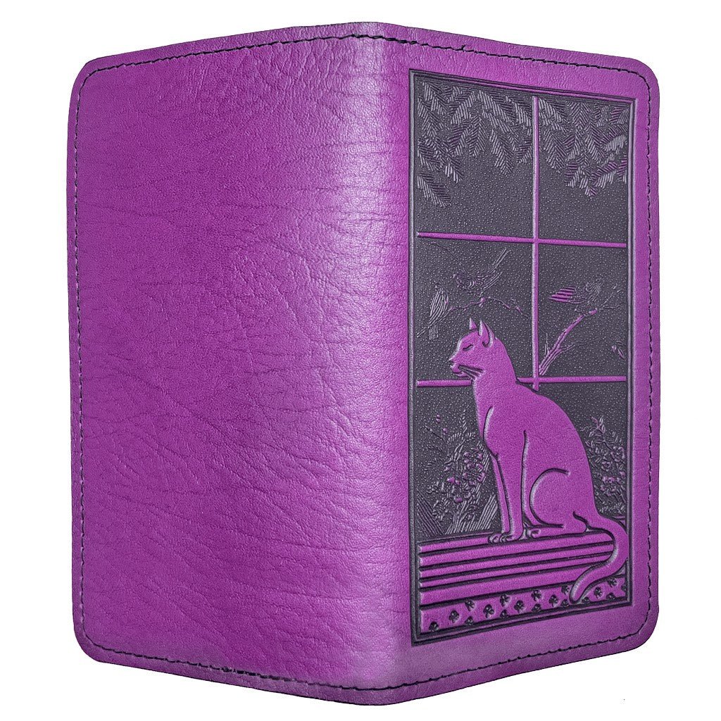Oberon Design Leather Checkbook Cover, Cat in Window, Orchid-Open