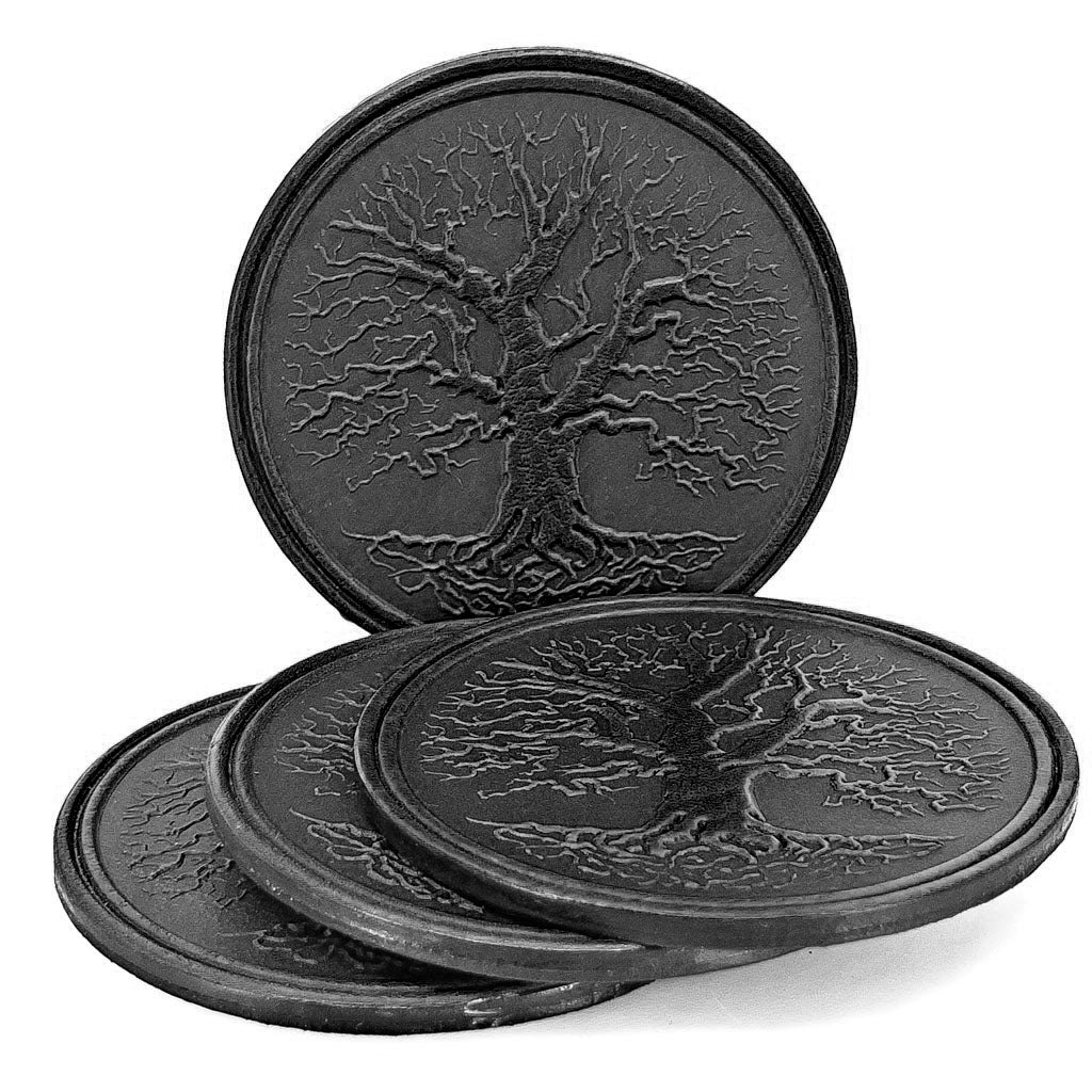 Premium Leather Coasters, Tree of Life, Handmade in The USA, Set of 4, Green