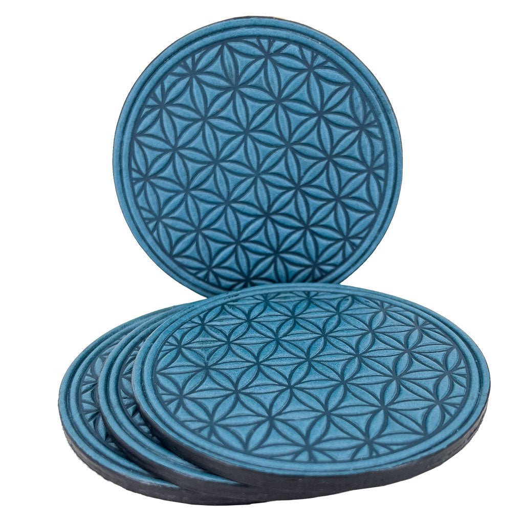 Premium Leather Coasters, Flower of Life, Handmade in The USA, Blue