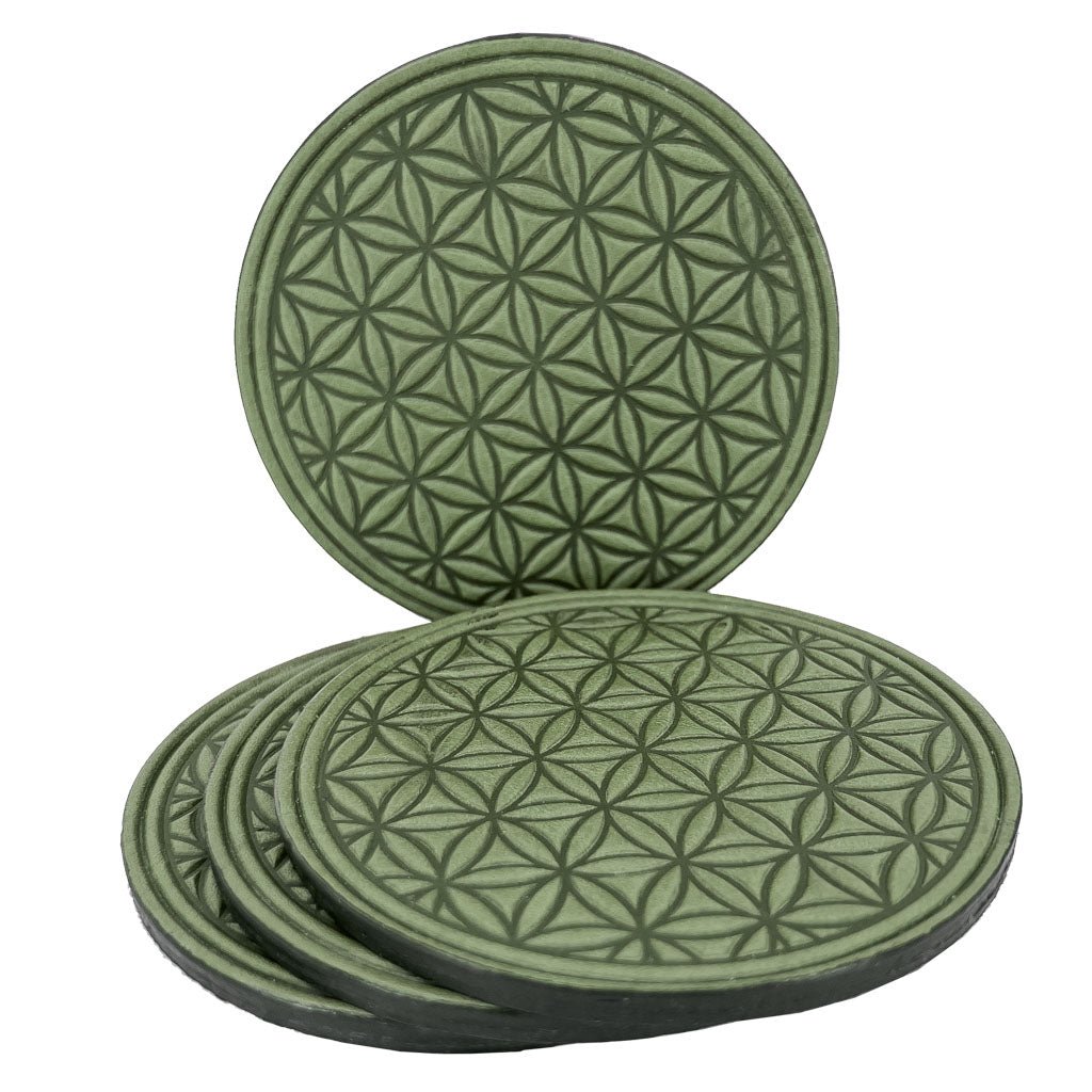 Premium Leather Coasters, Flower of Life, Handmade in The USA, Blue