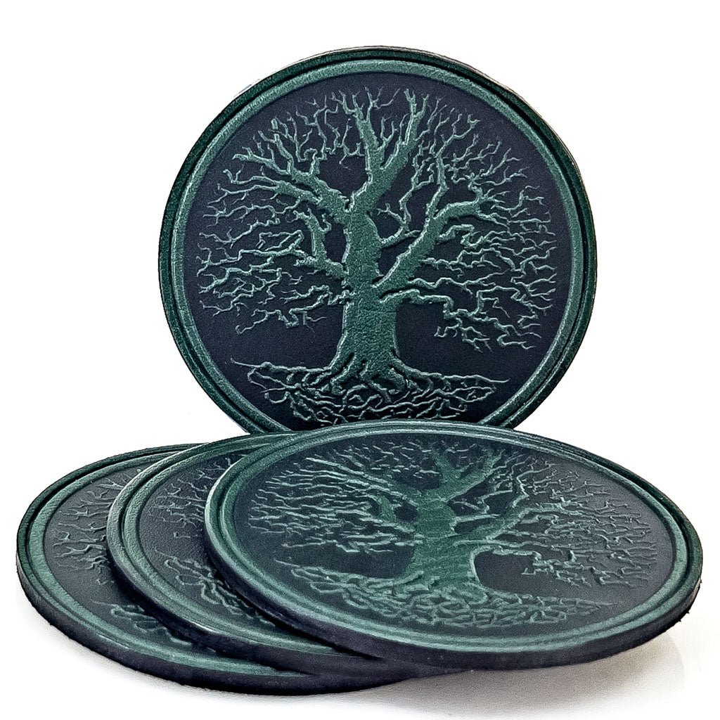 Premium Leather Coasters, Tree of Life, Handmade in The USA, Set of 4, Green