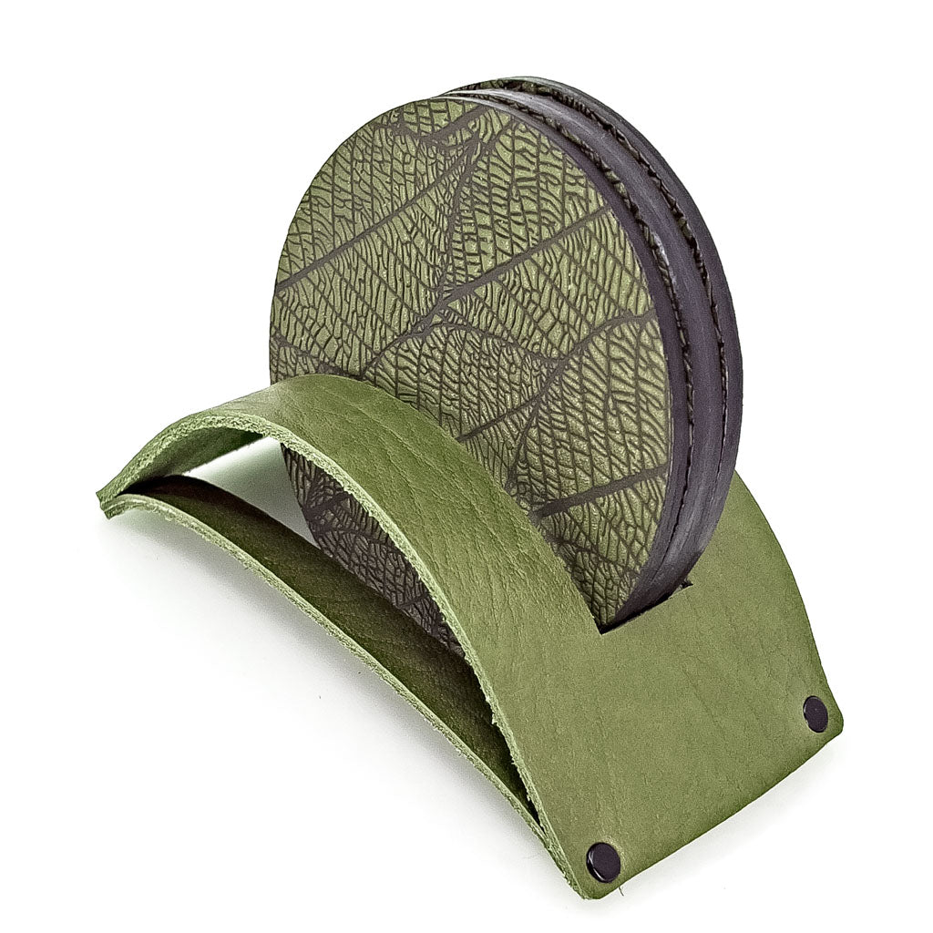 Premium Leather Coasters, Fallen Leaves, Handmade in The USA, Fern in Stand Holder