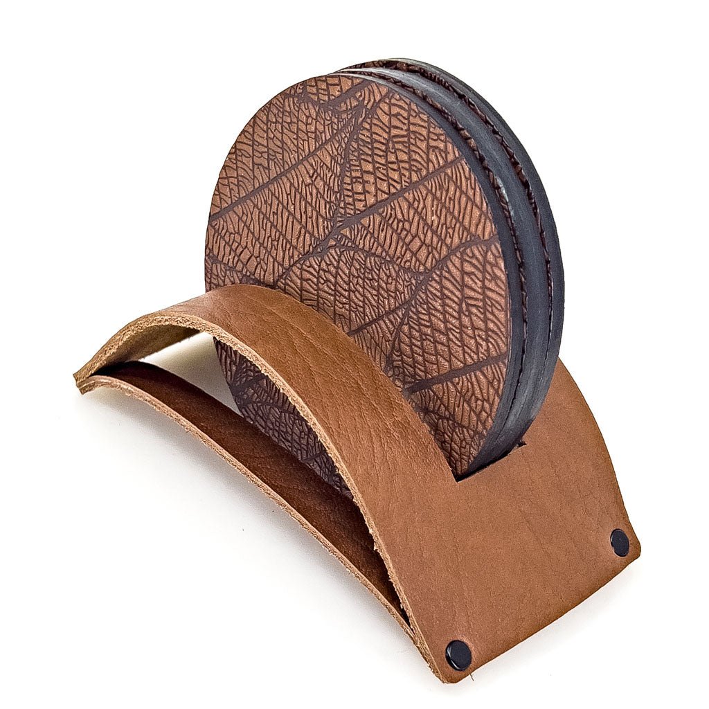 Premium Leather Coasters, Fallen Leaves, Handmade in The USA, Saddle in Stand Holder