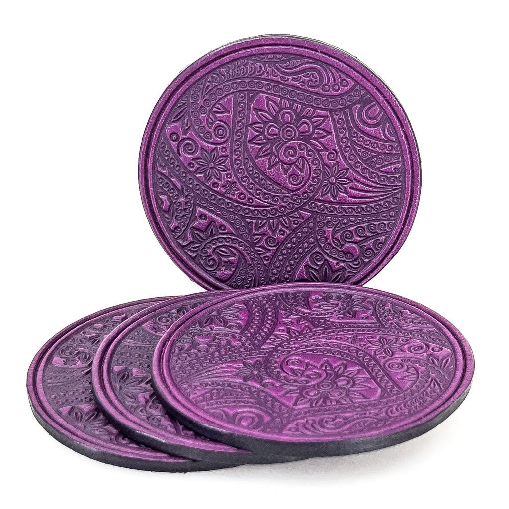 Premium Leather Coasters, Paisley, Handmade in The USA, Set of 4, Orchid