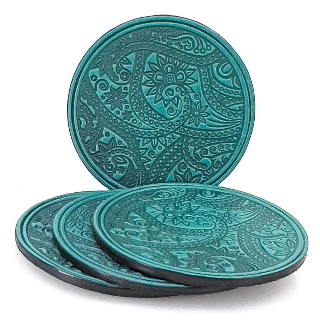 Premium Leather Coasters, Paisley, Handmade in The USA, Set of 4, Teal