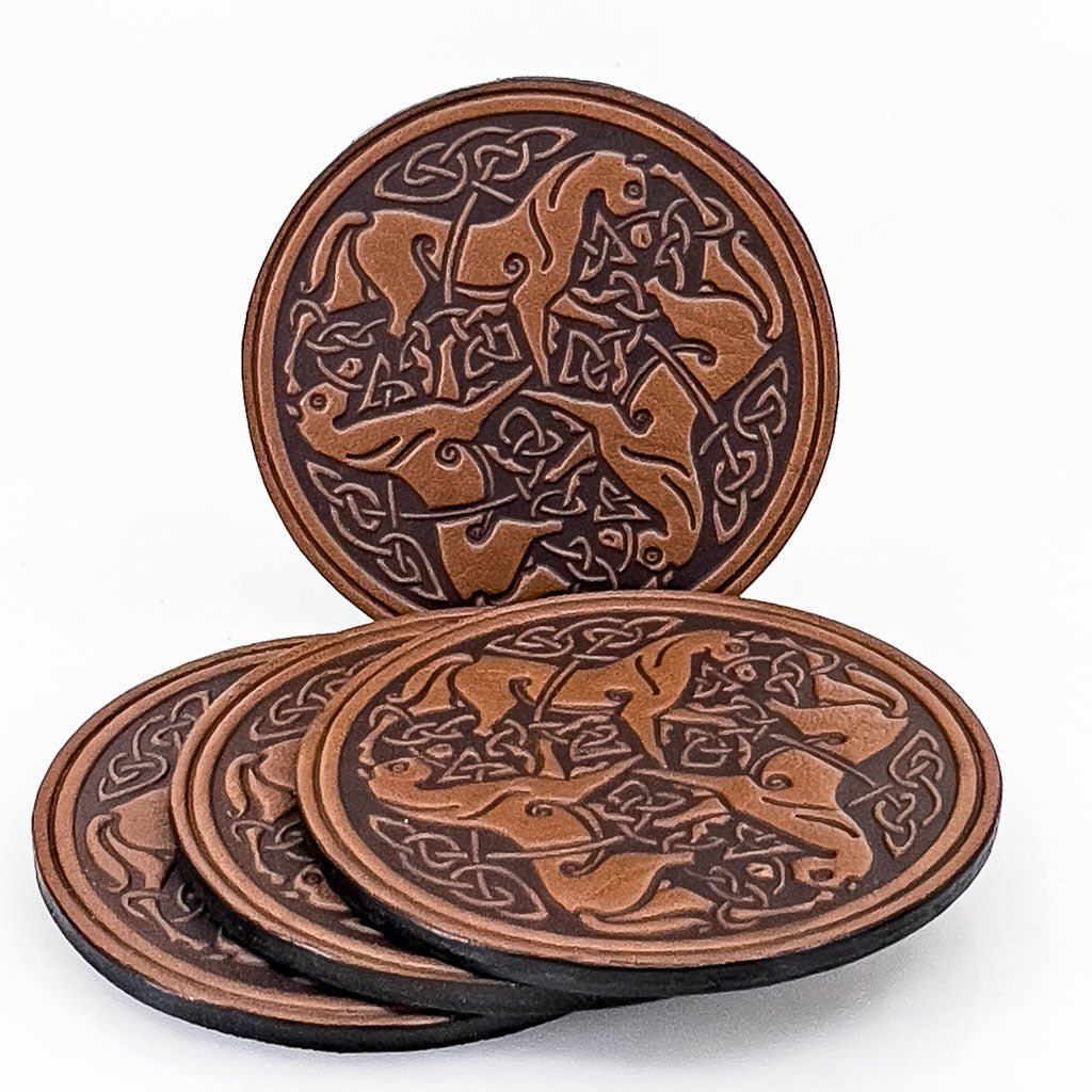 Premium Leather Coasters, Celtic Horses, Handmade in The USA, Set of 4, Saddle
