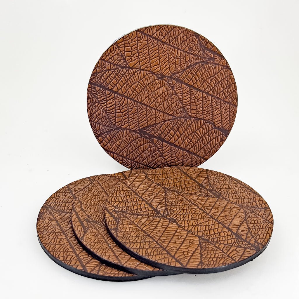 Premium Leather Coasters, Fallen Leaves, Handmade in The USA, Saddle