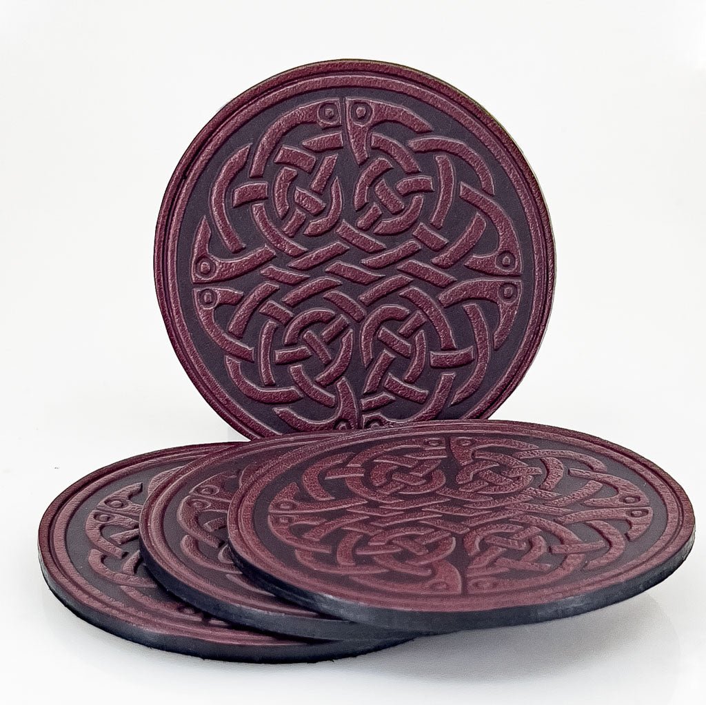 Premium Leather Coasters, Celtic Fish Knot, Handmade in The USA, WIne